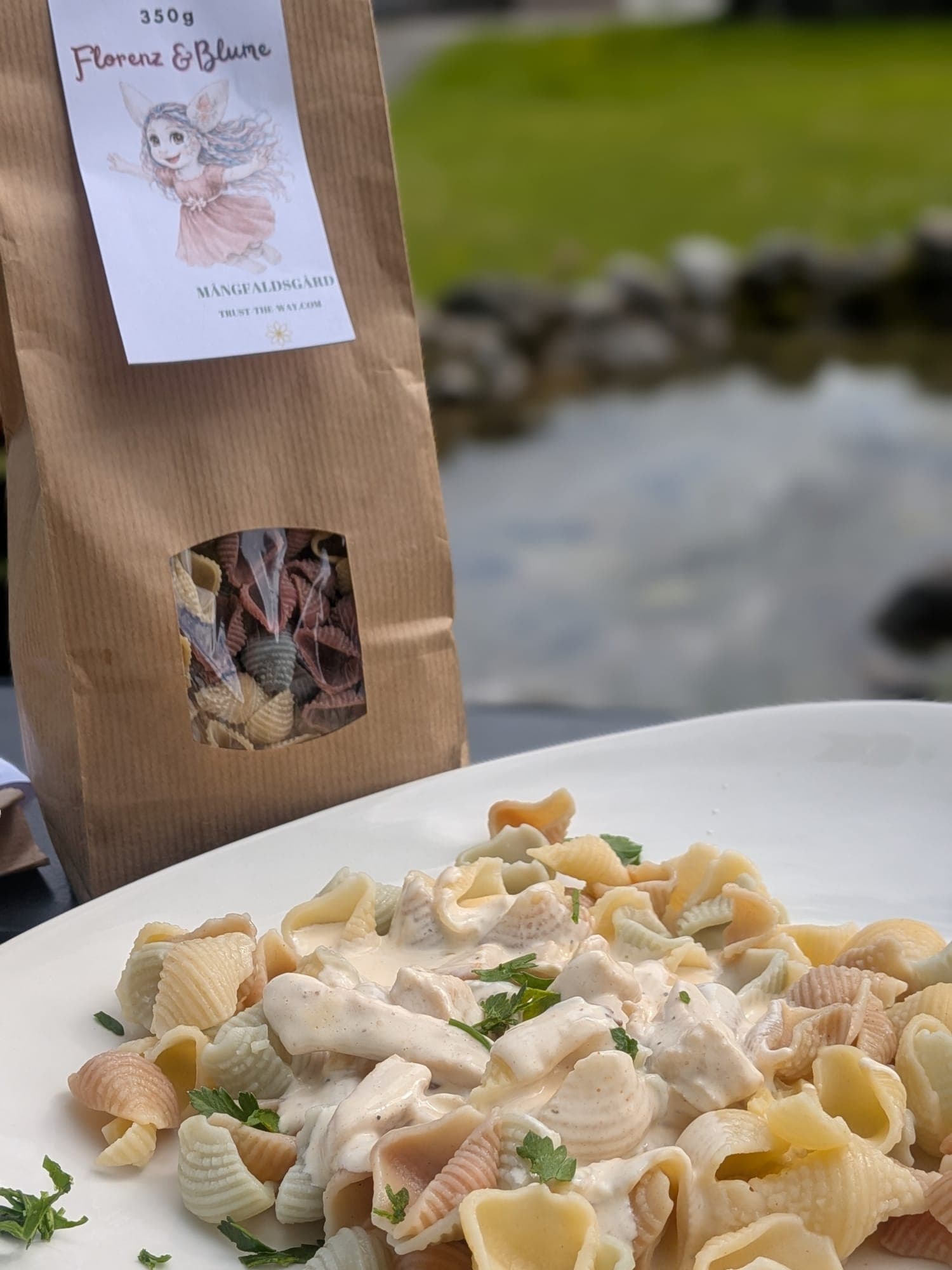A Florenz & Blume pasta bag beside a plate of the shell pasta in a cream sauce, by the pond