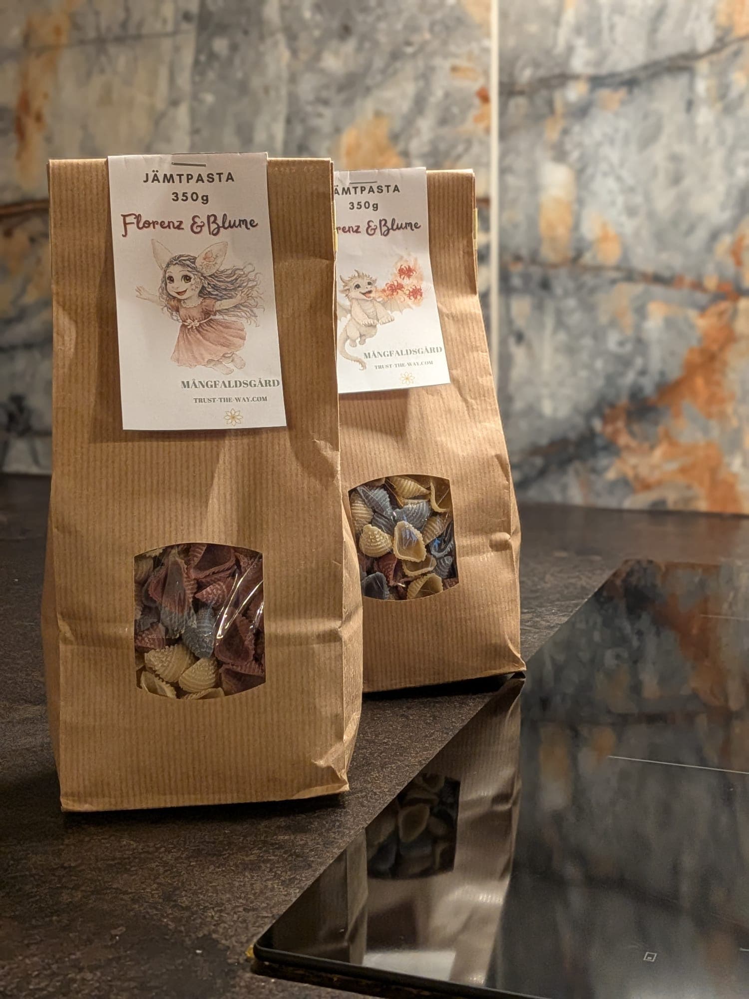 Bags of the pasta lined up on the counter